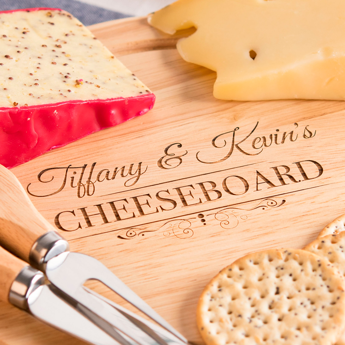Personalised Engraved Wooden Cheeseboard Set - Two Names