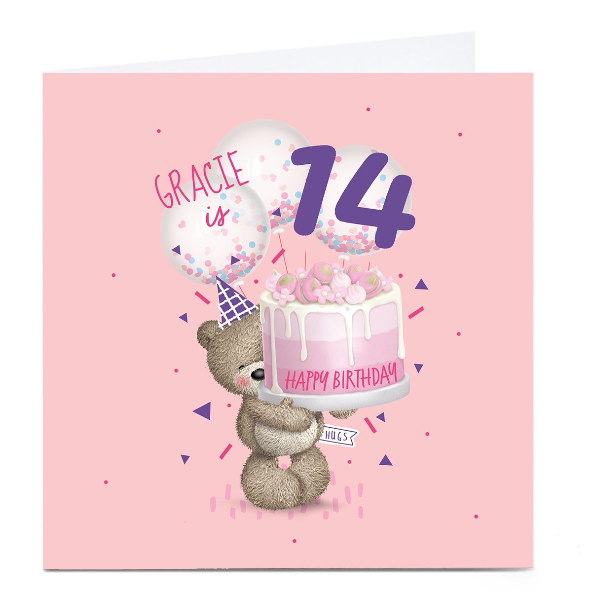 Personalised Hugs Bear Birthday Card - Pink Cake, Editable Age