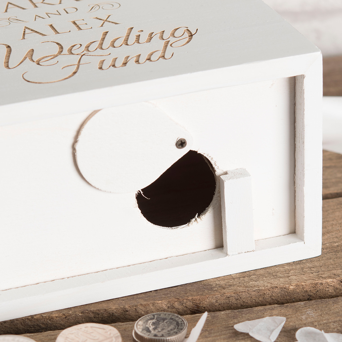 Personalised Engraved White Wooden Money Box - Wedding Fund