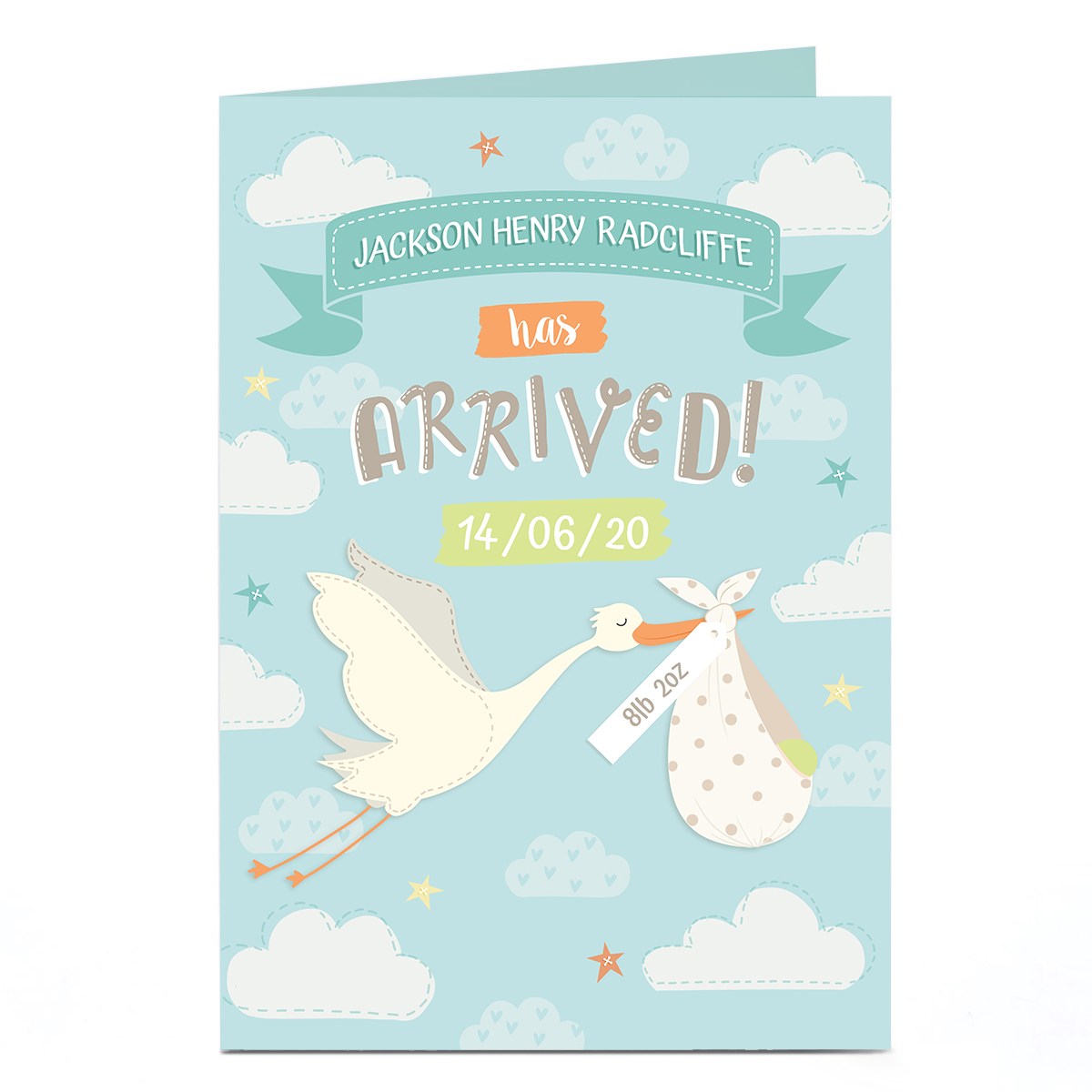 Personalised New Baby Card - Stork with Name