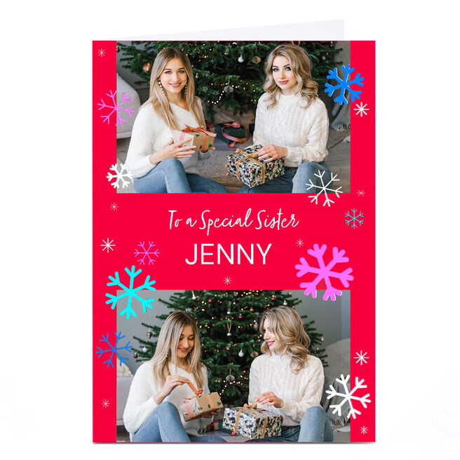 Photo Christmas Card - Neon Snowflakes, Special Sister