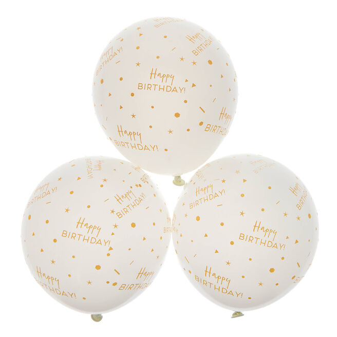 Latex White & Gold Happy Birthday Balloons - Pack of 6