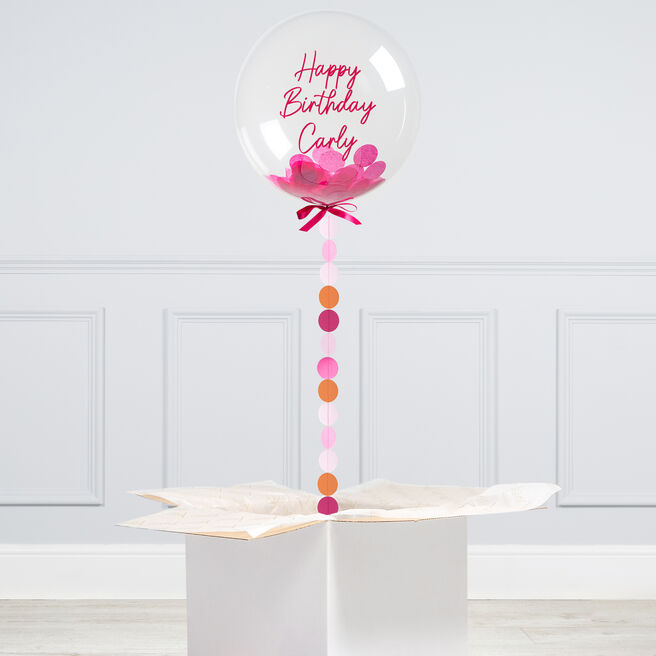 Personalised Pink 20-Inch Bubblegum Confetti Balloon With Tail - DELIVERED INFLATED!