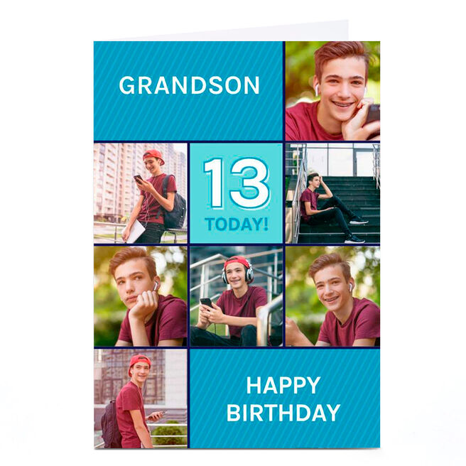 Photo Birthday Card - Blue Squares Grandson, Age 13
