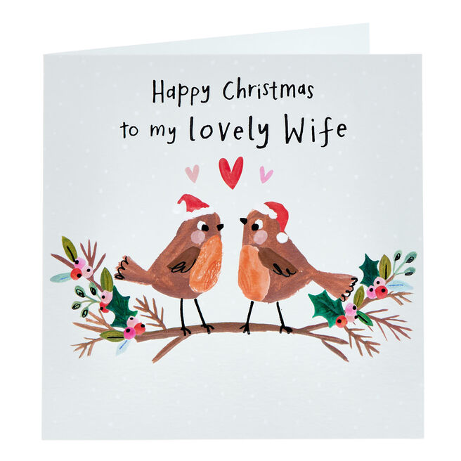 Lovely Wife Robins In Hats Christmas Card