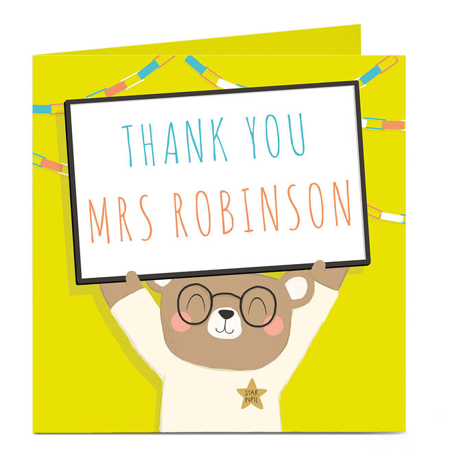 Personalised Thanks Teacher Card - Bear With Sign