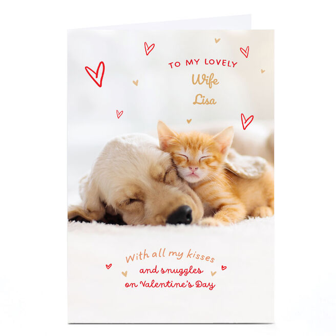 Personalised Valentine's Day Card - Puppy and Kitten Snuggles, Wife