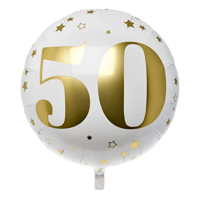 White & Gold 50th Birthday 31-Inch Foil Helium Balloon