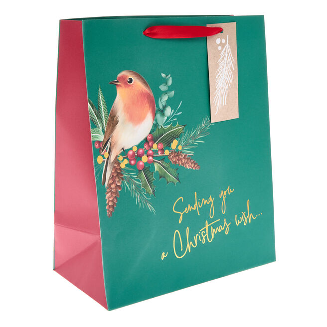 Green Robin Large Portrait Christmas Gift Bag