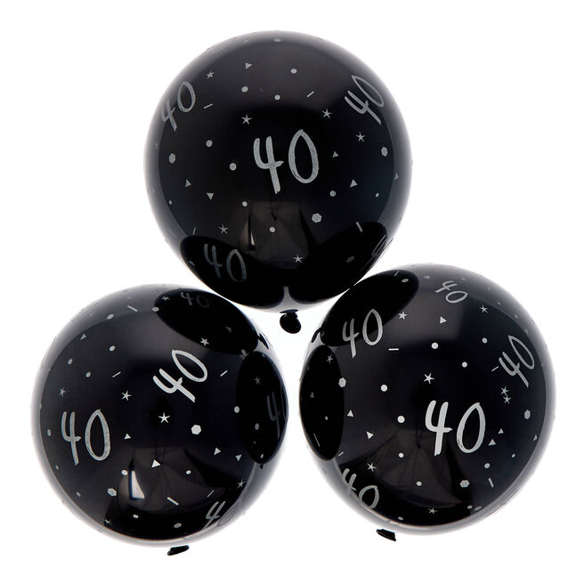 Latex Black & Silver 40th Birthday Balloons - Pack of 6