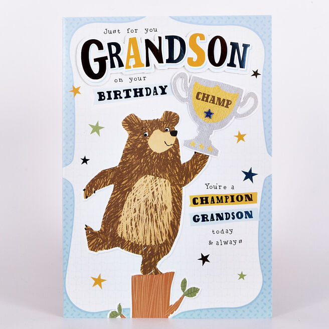 Signature Collection Birthday Card - Grandson Bear Trophy