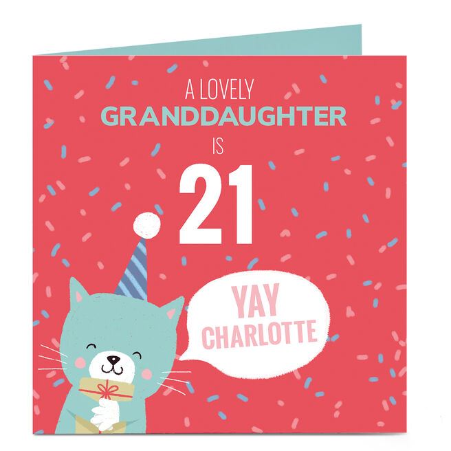 Personalised Birthday Card - Granddaughter Cute Cat, Editable Age