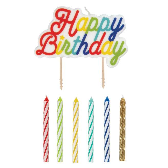 12 Multicoloured Cake Candles & Large Happy Birthday Candle Pack