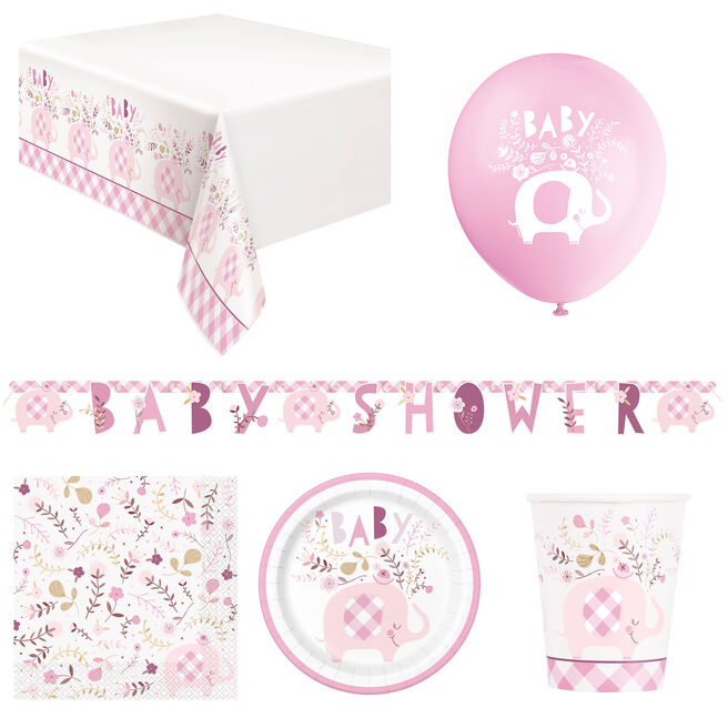 Pink Elephant Baby Shower Tableware & Decorations - 16 Guests 