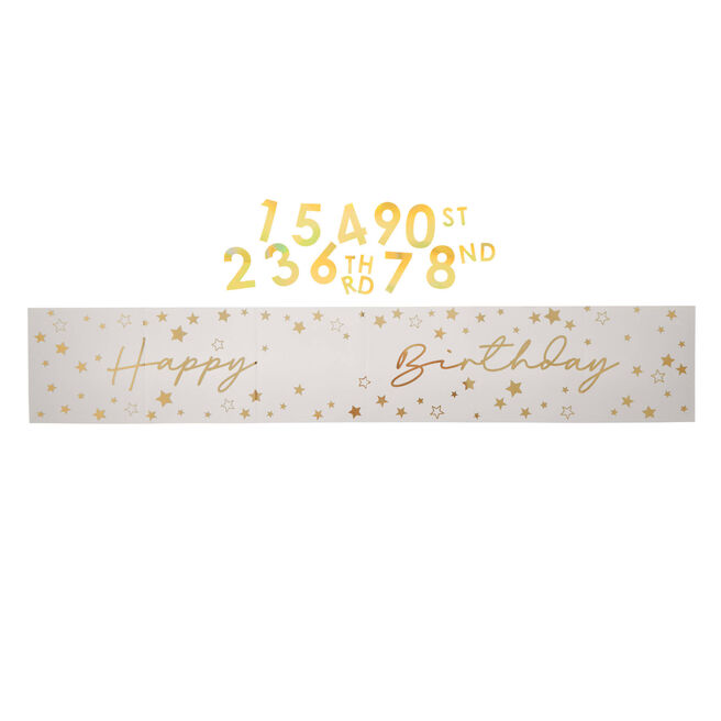 Personalised White & Gold Happy Birthday Banner