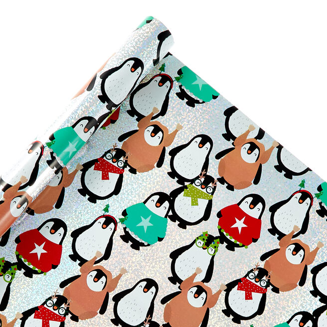 Holographic Penguins Christmas Wrapping Paper - 2 Metres 