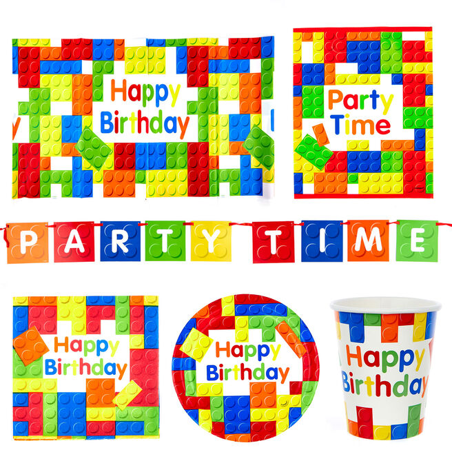 Birthday Building Blocks Party Tableware & Decoration Bundle - 16 Guests