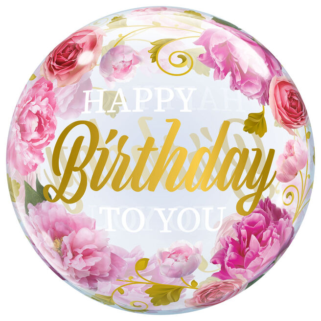 22-Inch Happy Birthday Pink Peonies Bubble Balloon - DELIVERED INFLATED!