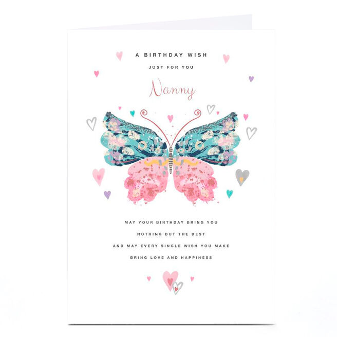 Personalised Birthday Card - Pretty Butterfly & Hearts, Nanny
