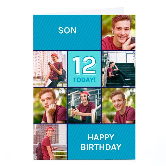 Photo Birthday Card - Blue Squares Son, Age 12