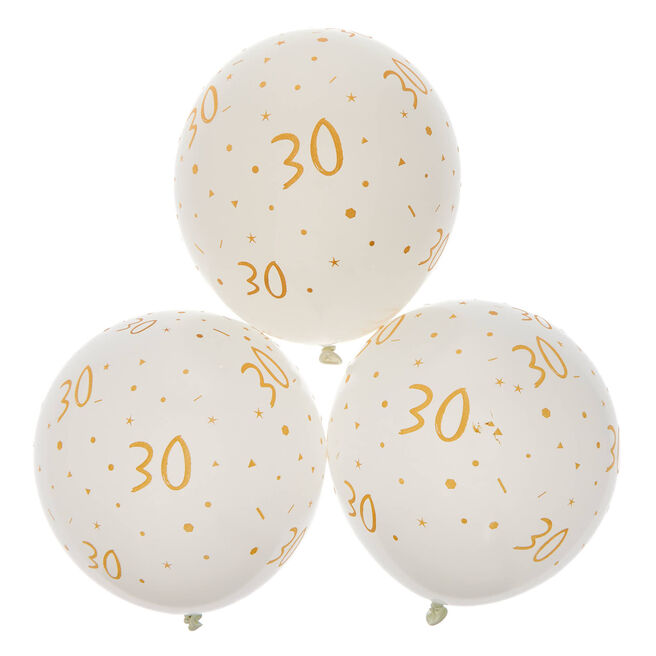 Latex White & Gold 30th Birthday Balloons - Pack of 6