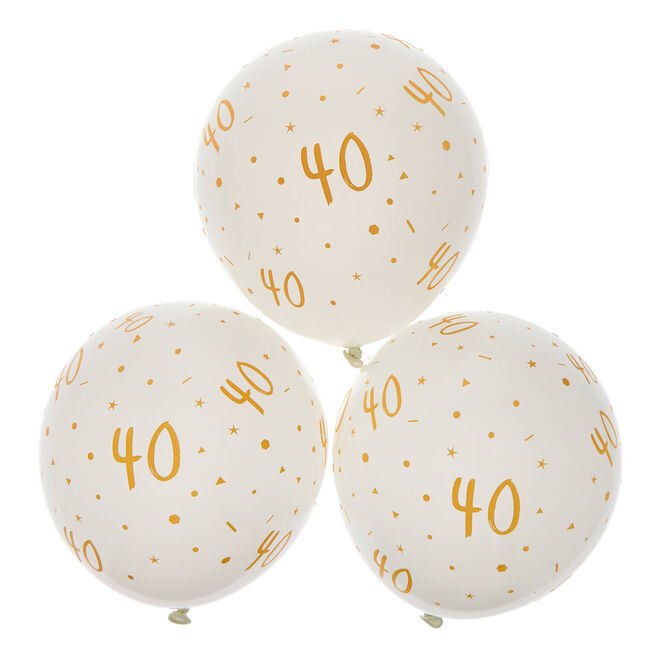 Latex White & Gold 40th Birthday Balloons - Pack of 6