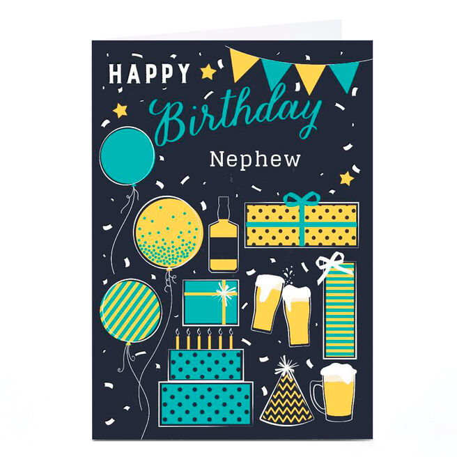 Personalised Birthday Card - Booze, Presents & Balloons, Nephew