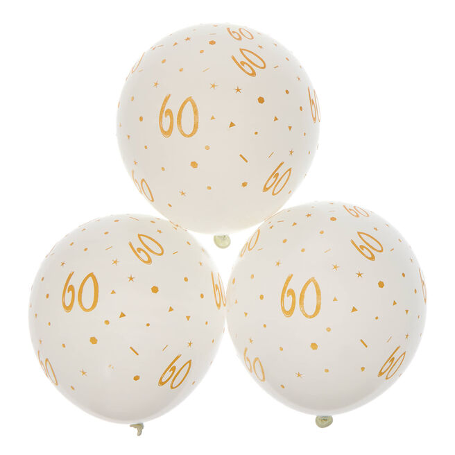 Latex White & Gold 60th Birthday Balloons - Pack of 6