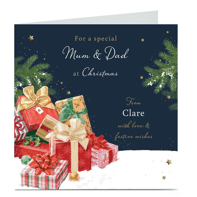 Personalised Christmas Card - Presents in The Snow, Mum & Dad