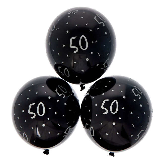 Latex Black & Silver 50th Birthday Balloons - Pack of 6