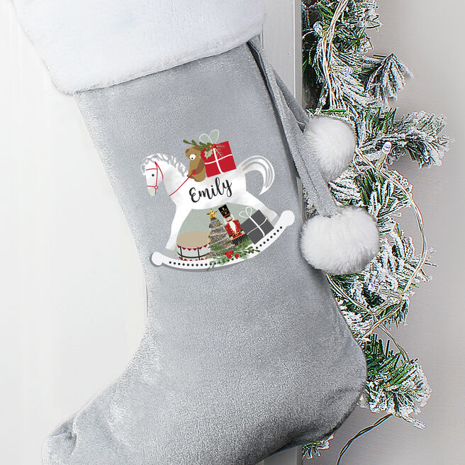 Personalised Rocking Horse Luxury Silver Christmas Stocking