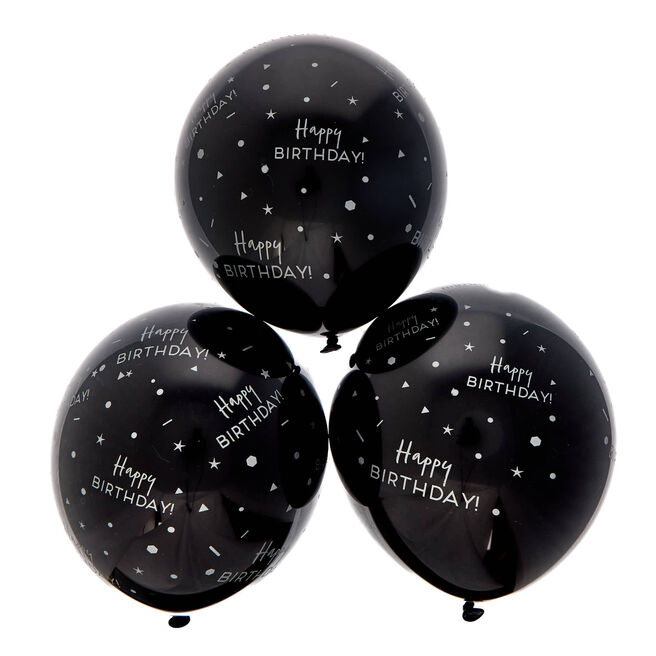 Latex Black & Silver Happy Birthday Balloons - Pack of 6