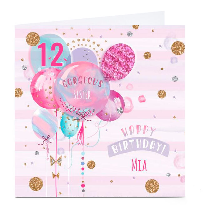 Personalised Birthday Card - Pastel Balloons Sister, Age 12
