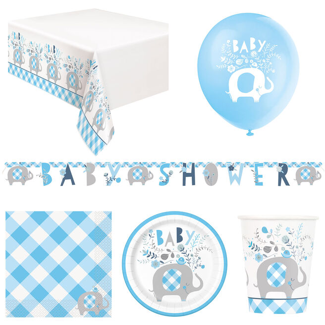 Blue Elephant Baby Shower Tableware & Decorations - 16 Guests