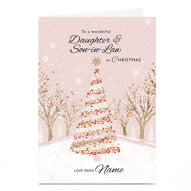 Personalised Rebecca Prinn Christmas Card -  Pastel Pink Snowy Tree, Daughter and Son in Law