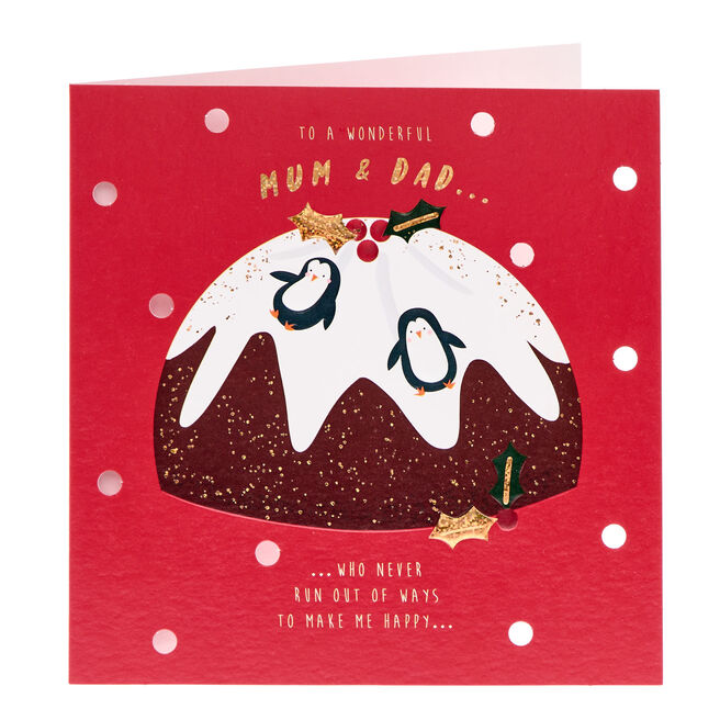 Mum & Dad Penguins & Pudding Christmas Card