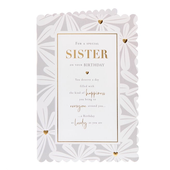 Sister White & Gold Flowers Birthday Card