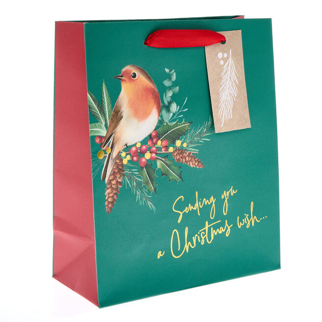 Green Robin Medium Portrait Christmas Gift Bag