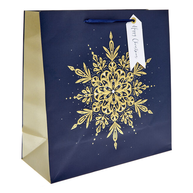 Navy & Gold Snowflake Large Square Christmas Gift Bag