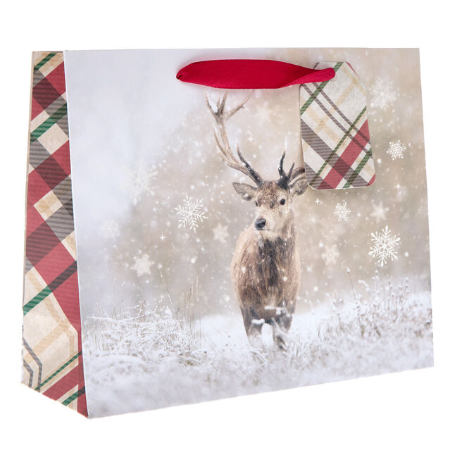 Tartan Deer Medium Landscape Christmas Gift Bag