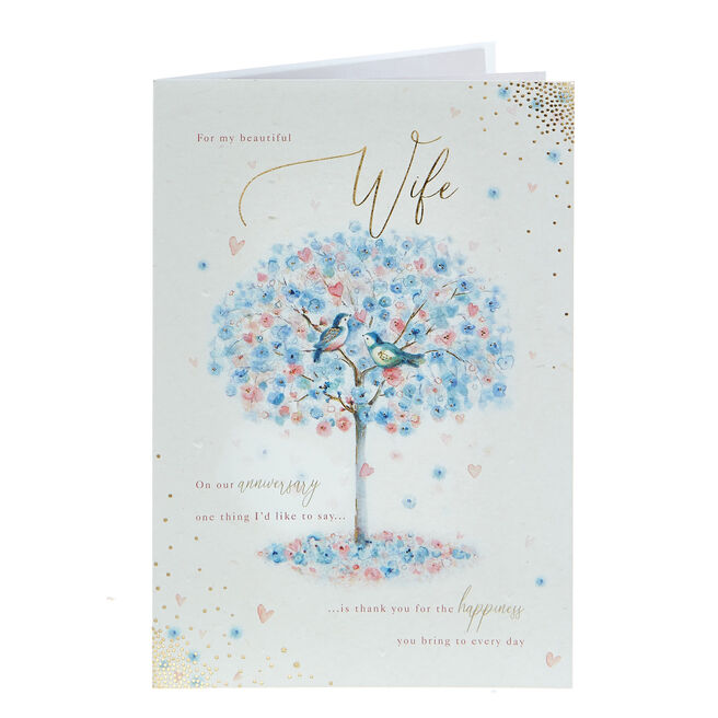 Anniversary Card - Beautiful Wife, Tree & Birds