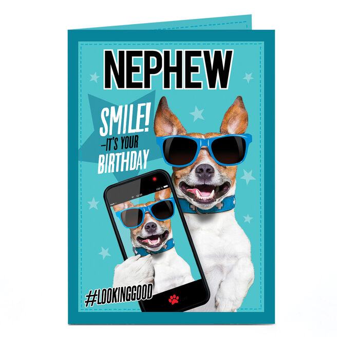 Personalised Birthday Card - Nephew Dog In Sunglasses Selfie