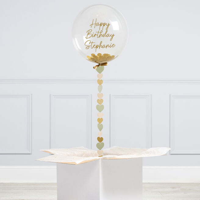 Personalised 20-Inch Bubblegum Confetti Balloon With Sage Hearts - DELIVERED INFLATED!