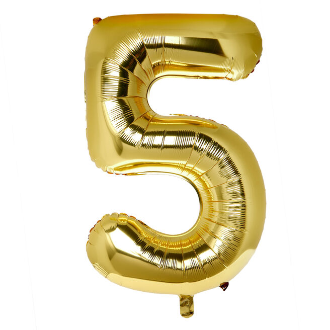 Large 34-Inch Gold Number 5 Foil Helium Balloon (Uninflated)