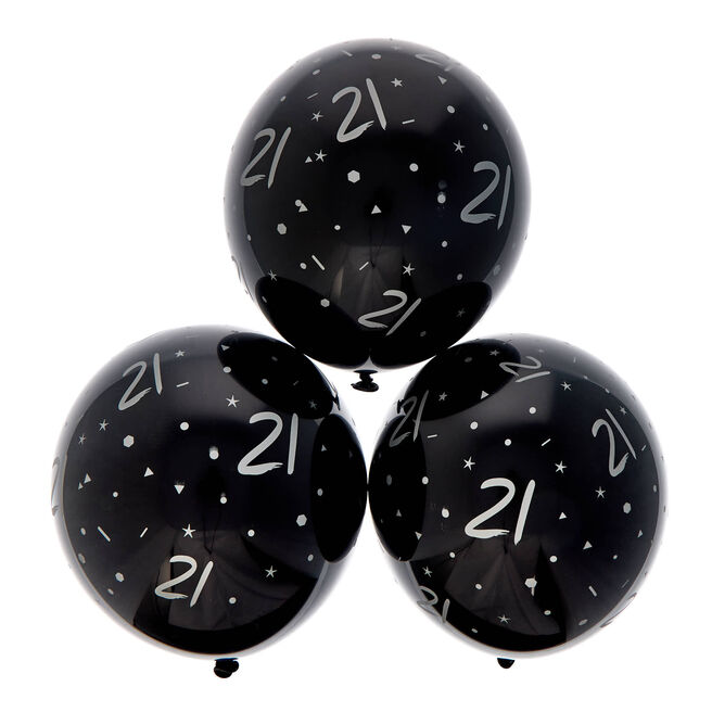 Latex Black & Silver 21st Birthday Balloons - Pack of 6