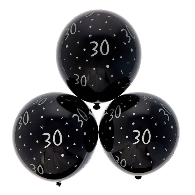 Latex Black & Silver 30th Birthday Balloons - Pack of 6