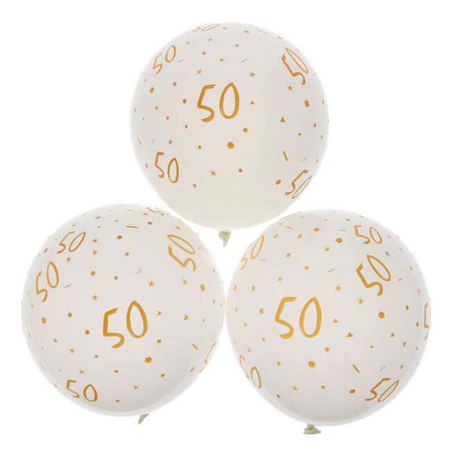 Latex White & Gold 50th Birthday Balloons - Pack of 6