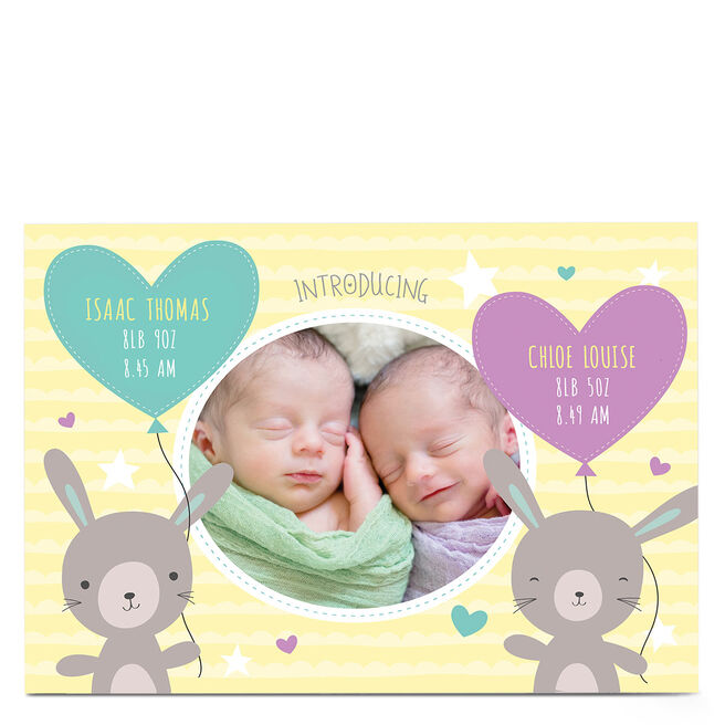 New Baby Photo Card - Twin Bunnies