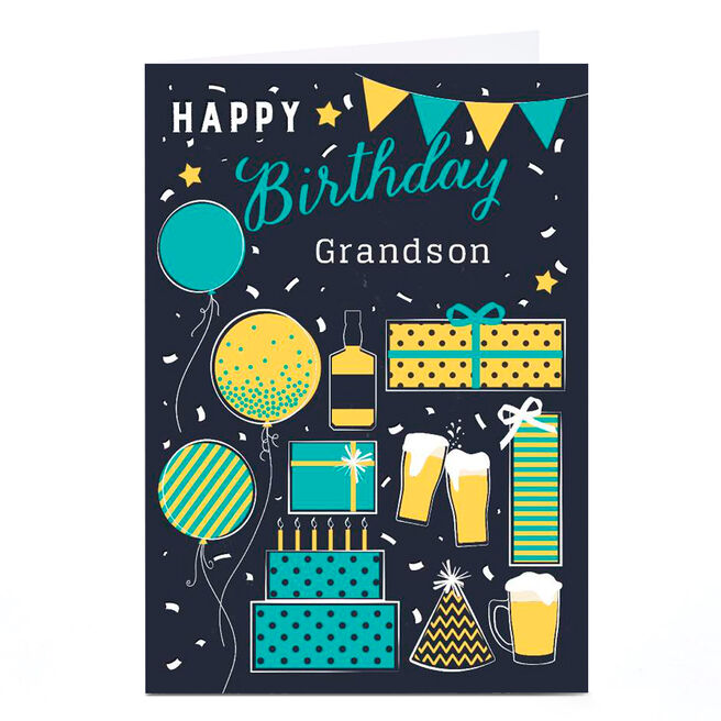 Personalised Birthday Card - Booze, Presents & Balloons, Grandson