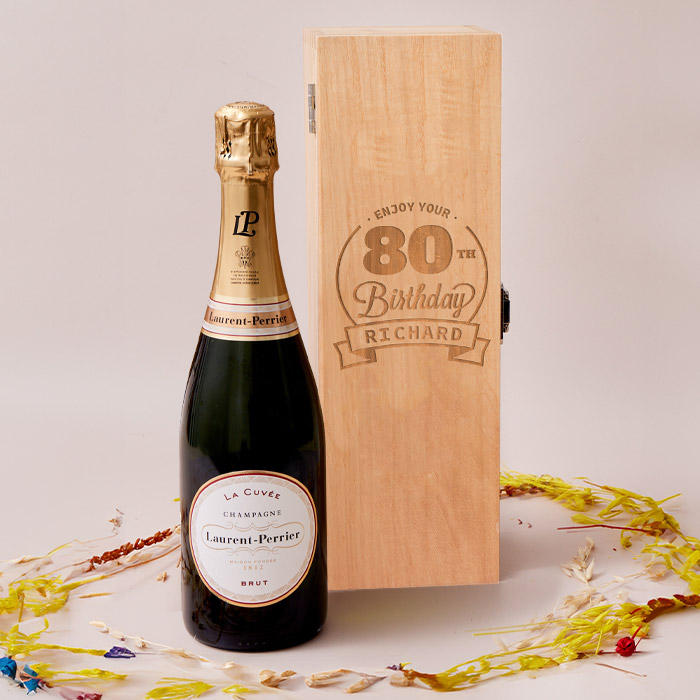 Engraved Wooden Box With Laurent-Perrier Champagne - Enjoy Your 80th Birthday